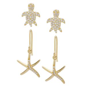 14kt. Gold Plated Turtle & Starfish 2pr. Earrings Set