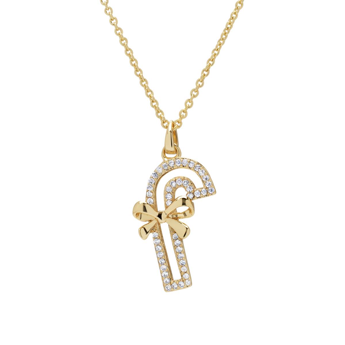 Gold Plated CZ Candy Cane Pendant Necklace