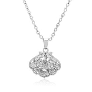 Silver Plated & Baguette CZ Seashell Pendant Necklace