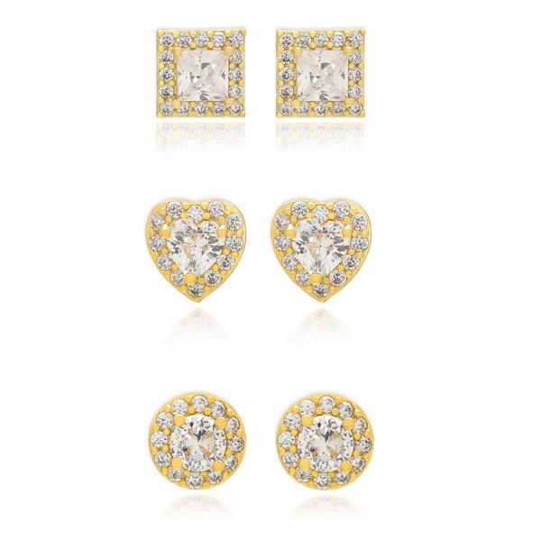 3pr. Gold Plated & CZ Heart/Round/Square Stud Earrings