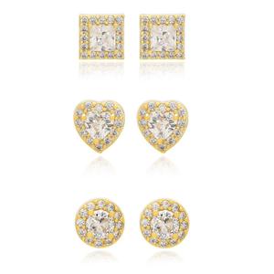3pr. Gold Plated & CZ Heart/Round/Square Stud Earrings