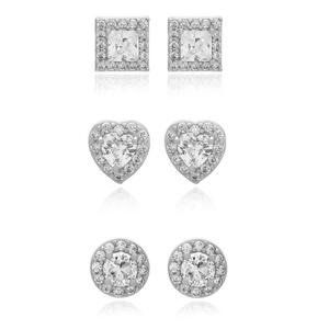 3pr. Silver Plated & CZ Heart/Round/Square Stud Earrings Set