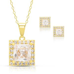 2pc. Gold Plated CZ Square Halo Earrings & Pendant Set
