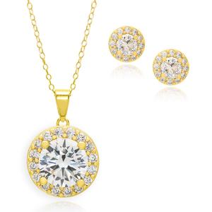 2pc. Gold Plated & CZ Round Halo Earrings & Pendant Set