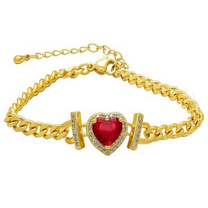 14kt. Gold-Plated & Red CZ Heart Cuban Chain Bracelet