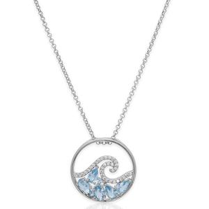 Silver-Plated & Blue CZ Wave Round Pendant Necklace
