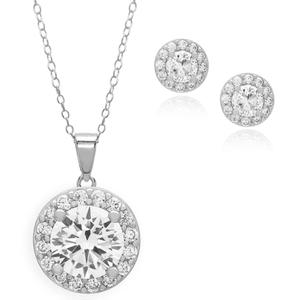 Silver-Plated & CZ Halo Pendant & Stud Earrings Set