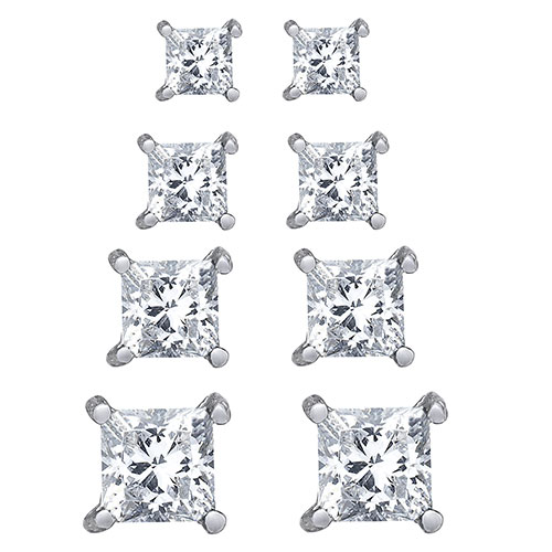 Plated 4pr. Square CZ Stud Earrings Set