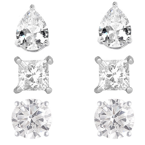 3pr. Sterling Silver Diamond Simulant Stud Earrings Set