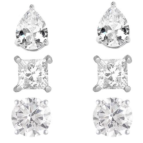 3pr. Sterling Silver Diamond Simulant Stud Earrings Set
