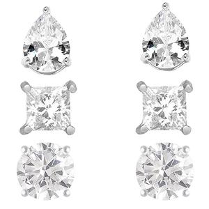 3pr. Sterling Silver Diamond Simulant Stud Earrings Set
