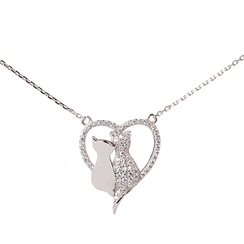 Silver Diamond Simulated Double Cat Heart Necklace