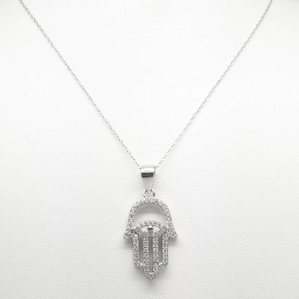 Sterling Silver Diamond Simulate Hamsa Hand Pendant Necklace