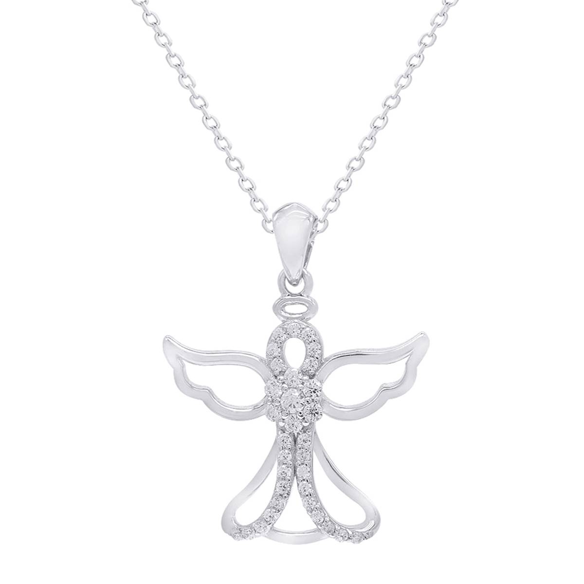 Sterling Silver CZ Angel Pendant Necklace