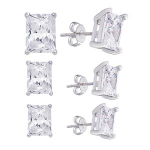 Stainless Steel 3pr. Emerald CZ Earrings Set