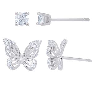 Sterling Silver 2pr. CZ Butterfly Stud Earrings Set