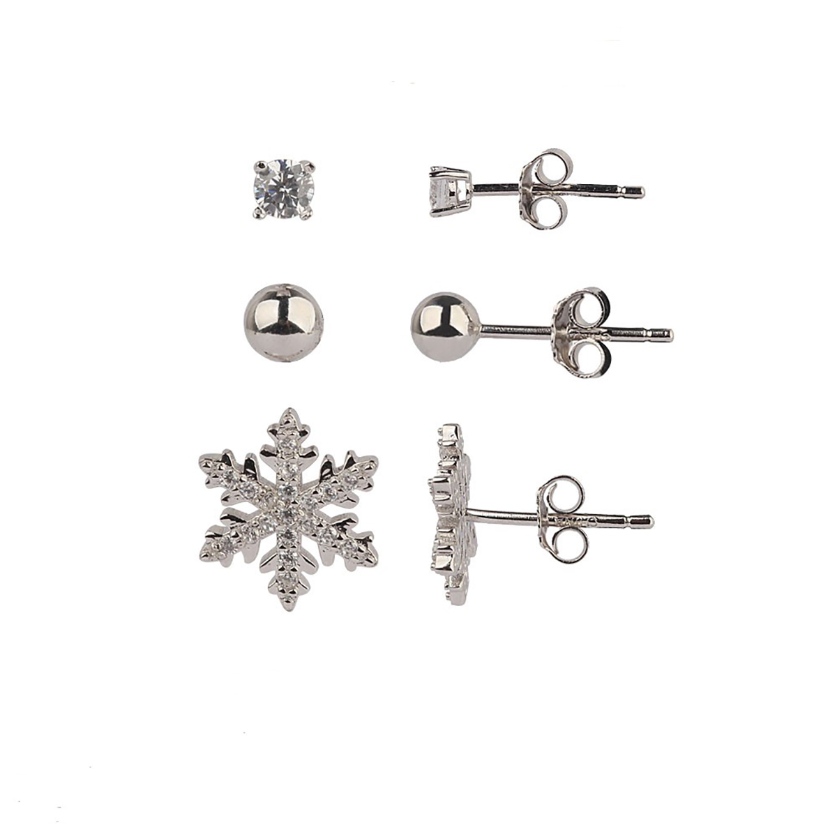 Sterling Silver 3pr. CZ Snowflake And Ball Stud Earrings