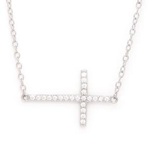 Sterling Silver CZ Sideways Cross Pendant