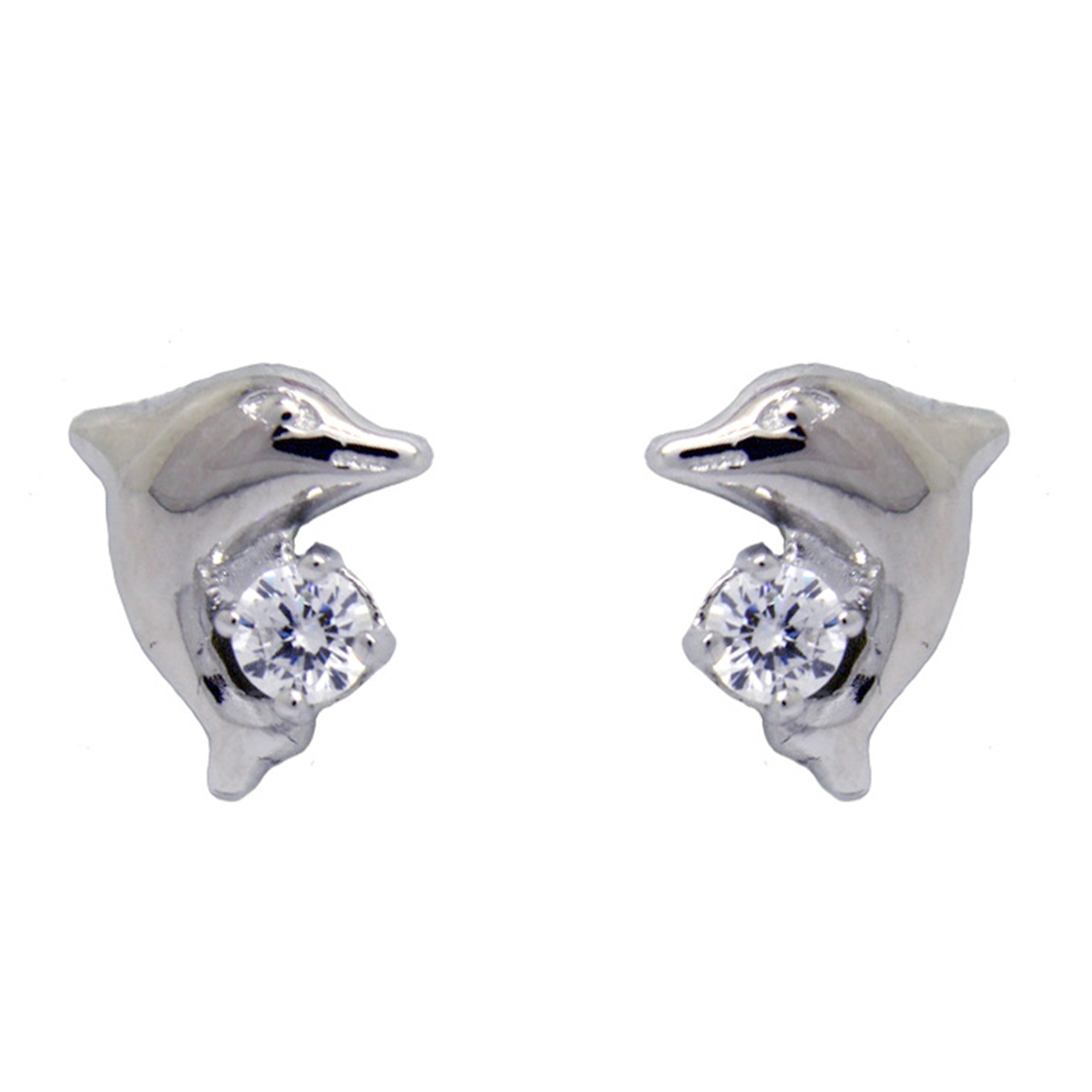 Polished Sterling Silver CZ Dolphin Stud Earrings