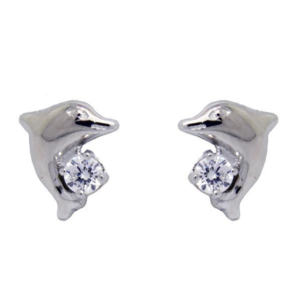 Polished Sterling Silver CZ Dolphin Stud Earrings