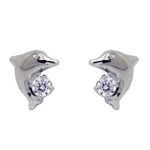Polished Sterling Silver CZ Dolphin Stud Earrings