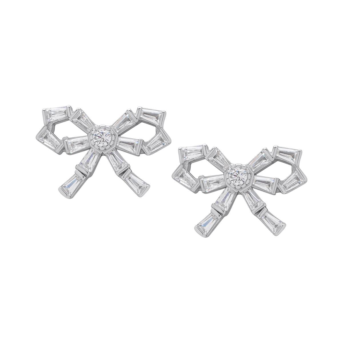 Sterling Silver CZ Baguette Bow Stud Earrings