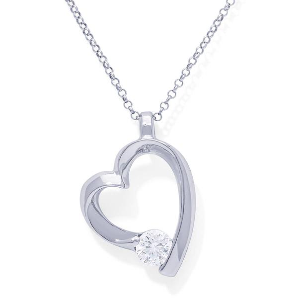 Sterling Silver CZ Side Heart Pendant Necklace