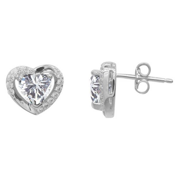 Sterling Silver CZ Heart in Heart Stud Earrings
