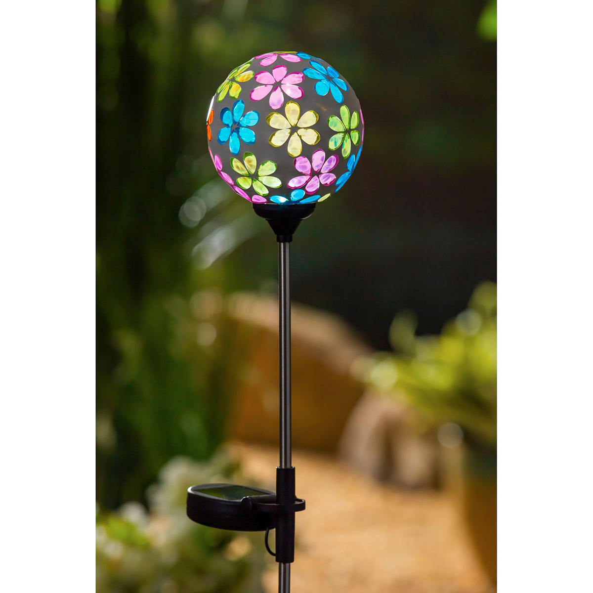 Evergreen 22in. Mosaic Flowers Globes Solar Garden Stakes