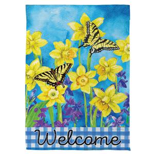 Evergreen Welcome Swallowtail & Daffodil Suede Garden Flag