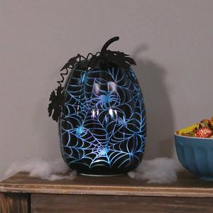 Evergreen LED Black Glass Spiderweb Pumpkin