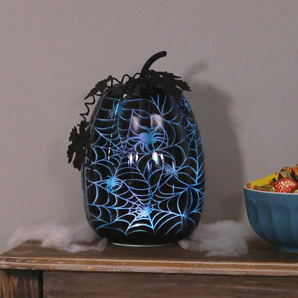 Evergreen LED Black Glass Spiderweb Pumpkin