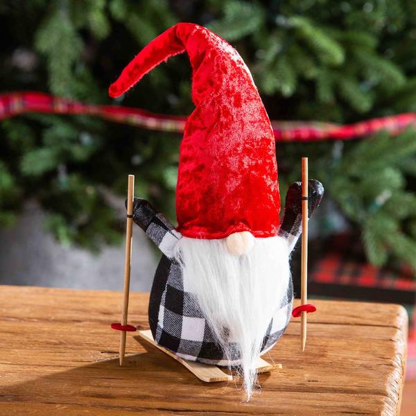 Evergreen Plush Skiing Gnome with Red Hat Table Decor