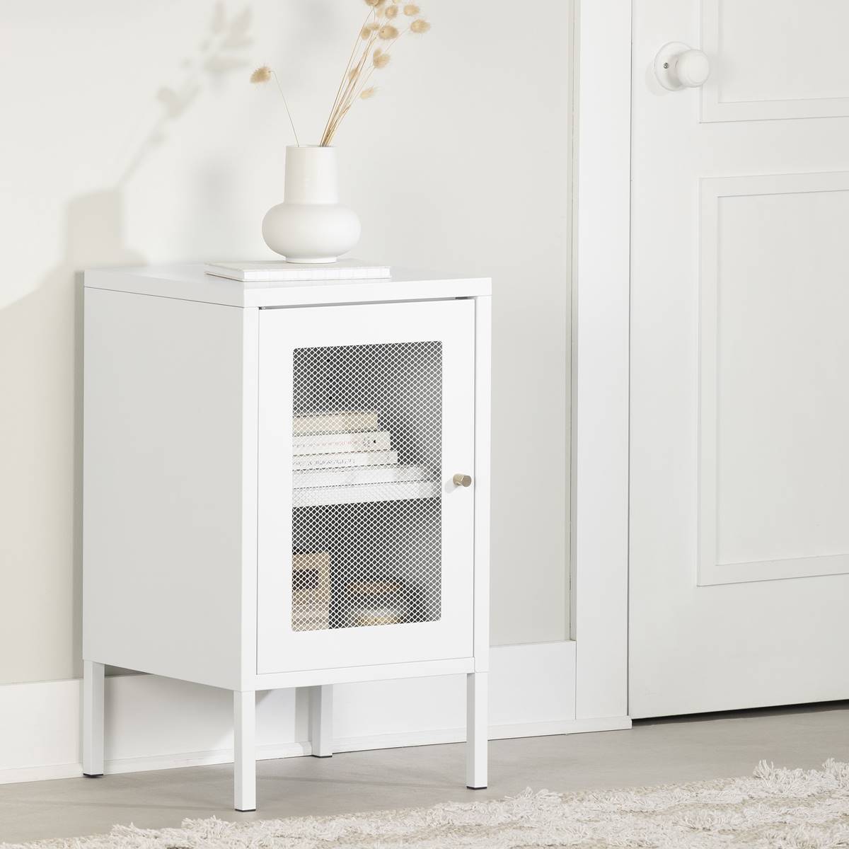 South Shore Crea White Metal Mesh 1-Door End Table