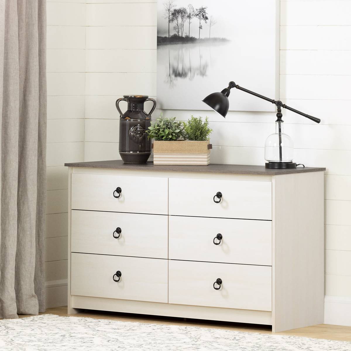 South Shore Plenny White Wash 6-Drawer Double Dresser