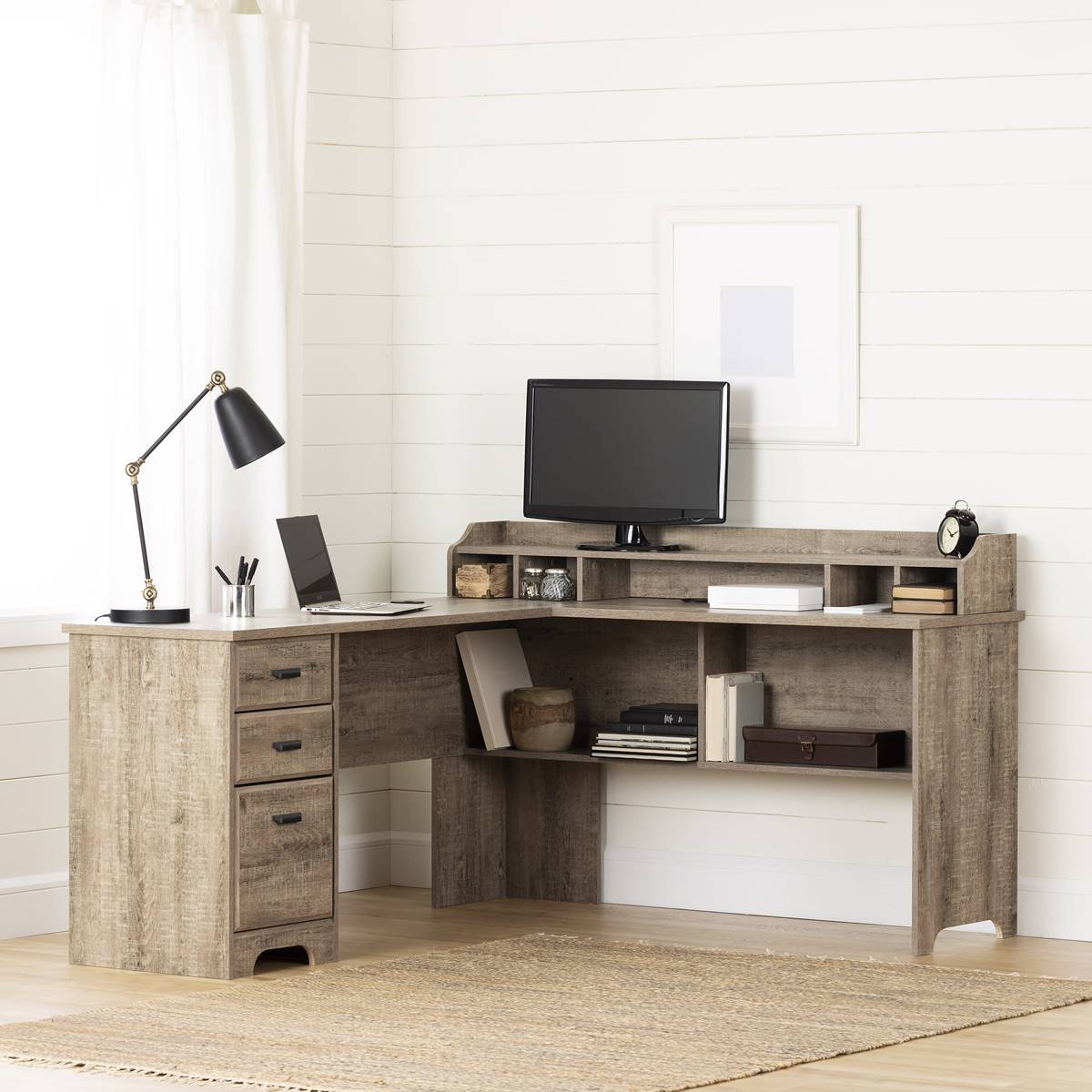 South Shore Versa L-Shaped Weathered Oak Desk