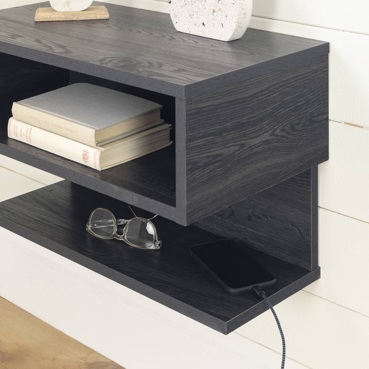 South Shore Sazena Grey Oak Floating Nightstand