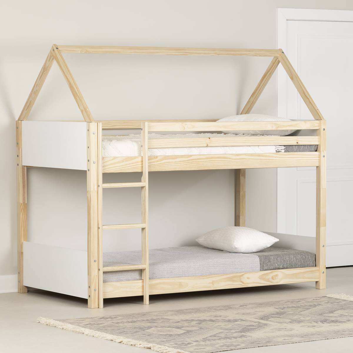 South Shore Sweedi White & Natural Twin House Bunk Bed