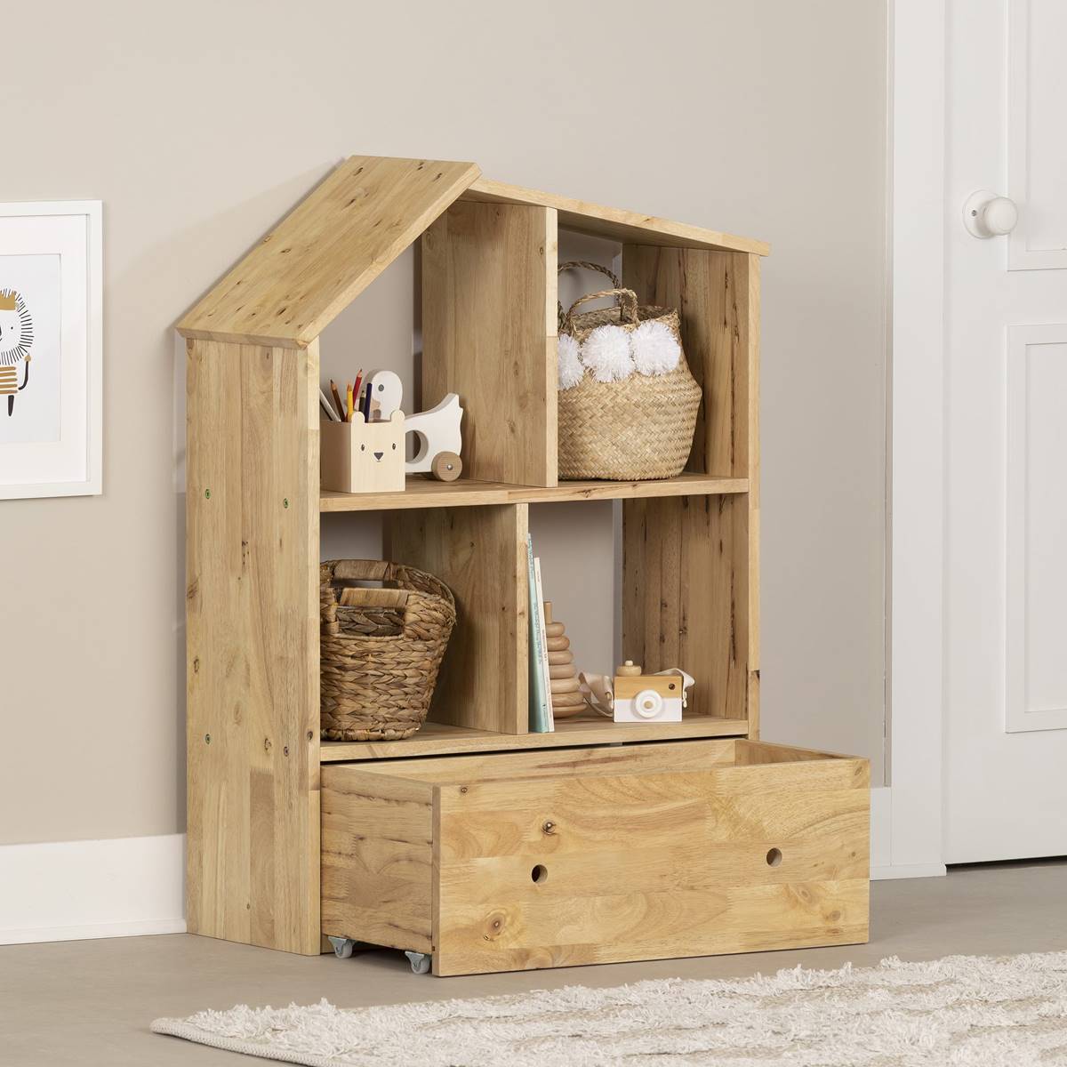 South Shore Sweedi Natural Wood Bookcase W/ Storage Bin