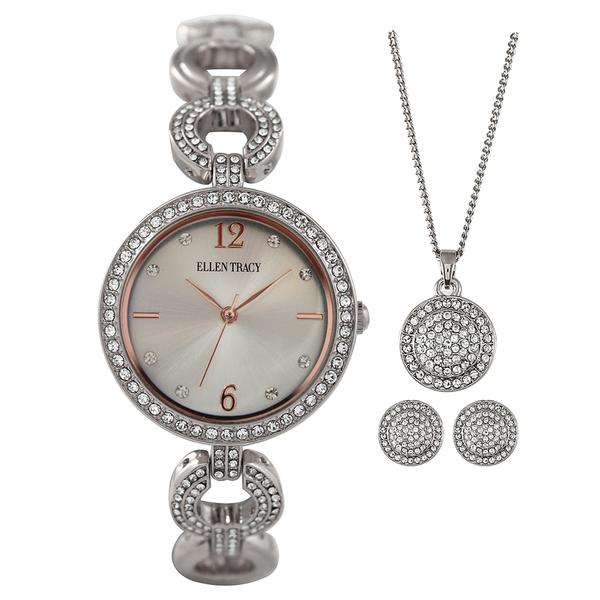 Womens Ellen Tracy Silver-Tone Crystal Watch Set - ETJ8136SL