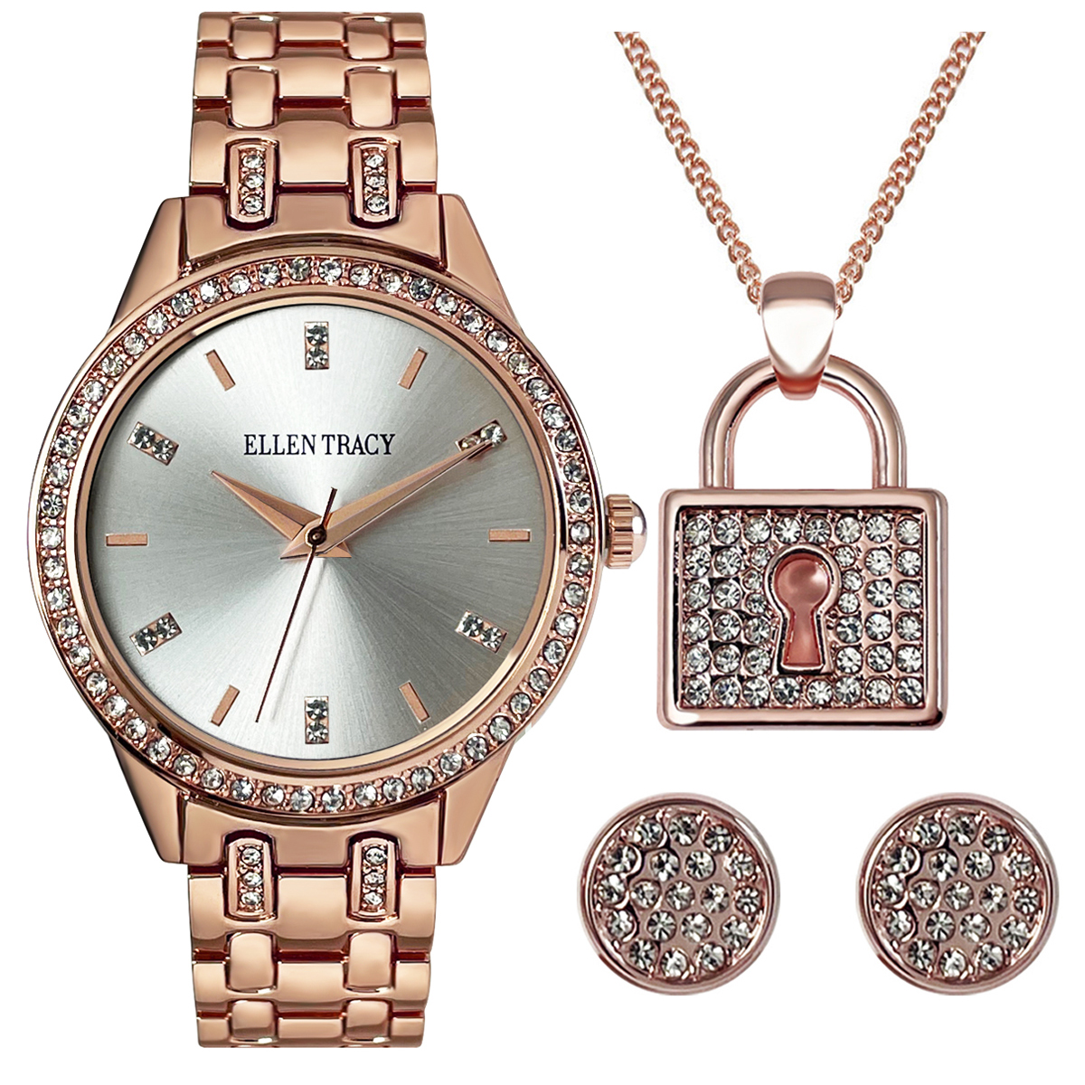 Ellen Tracy Rose Gold Crystal Watch Locket & Earring Set