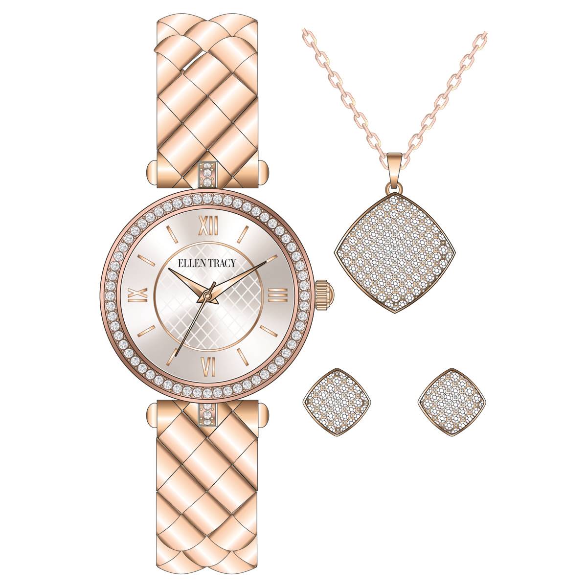 Womens Ellen Tracy Rose Gold Crystal Watch Pendant & Earring Set