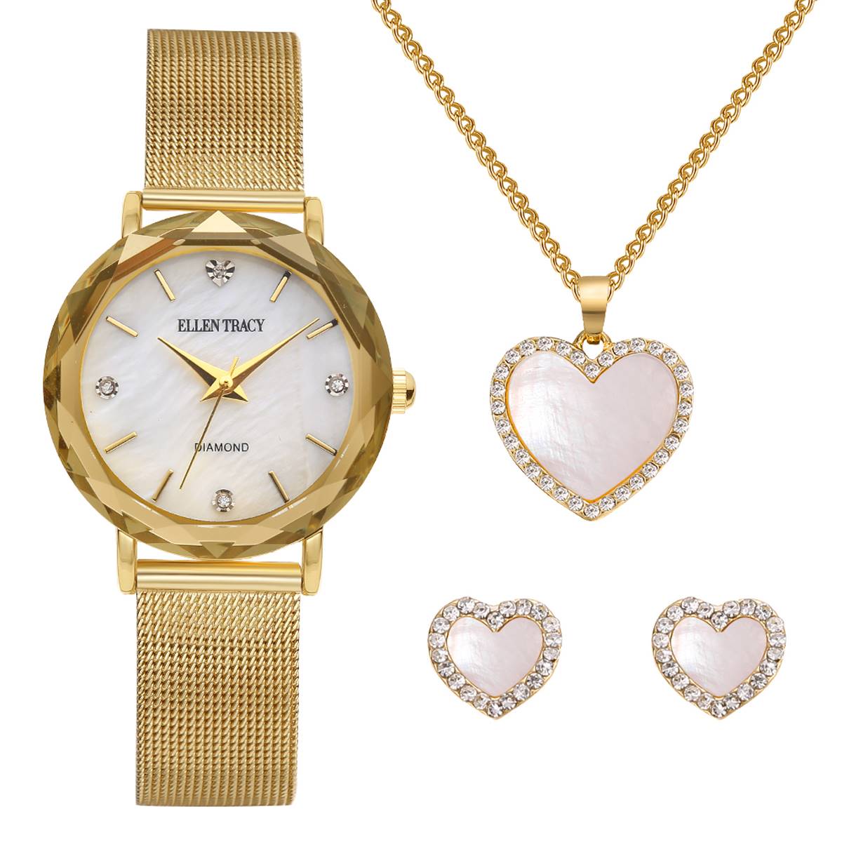 Womens Ellen Tracy 4 Diamond Dial Watch & Crystal Set-ETJD0008GD