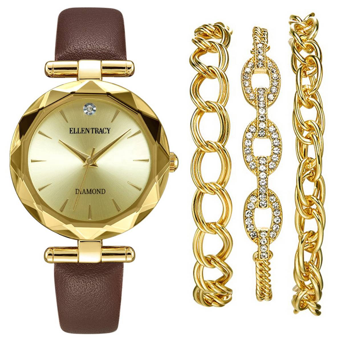 Womens Ellen Tracy Diamond Dial Watch & Crystal Set - ETS0005GD