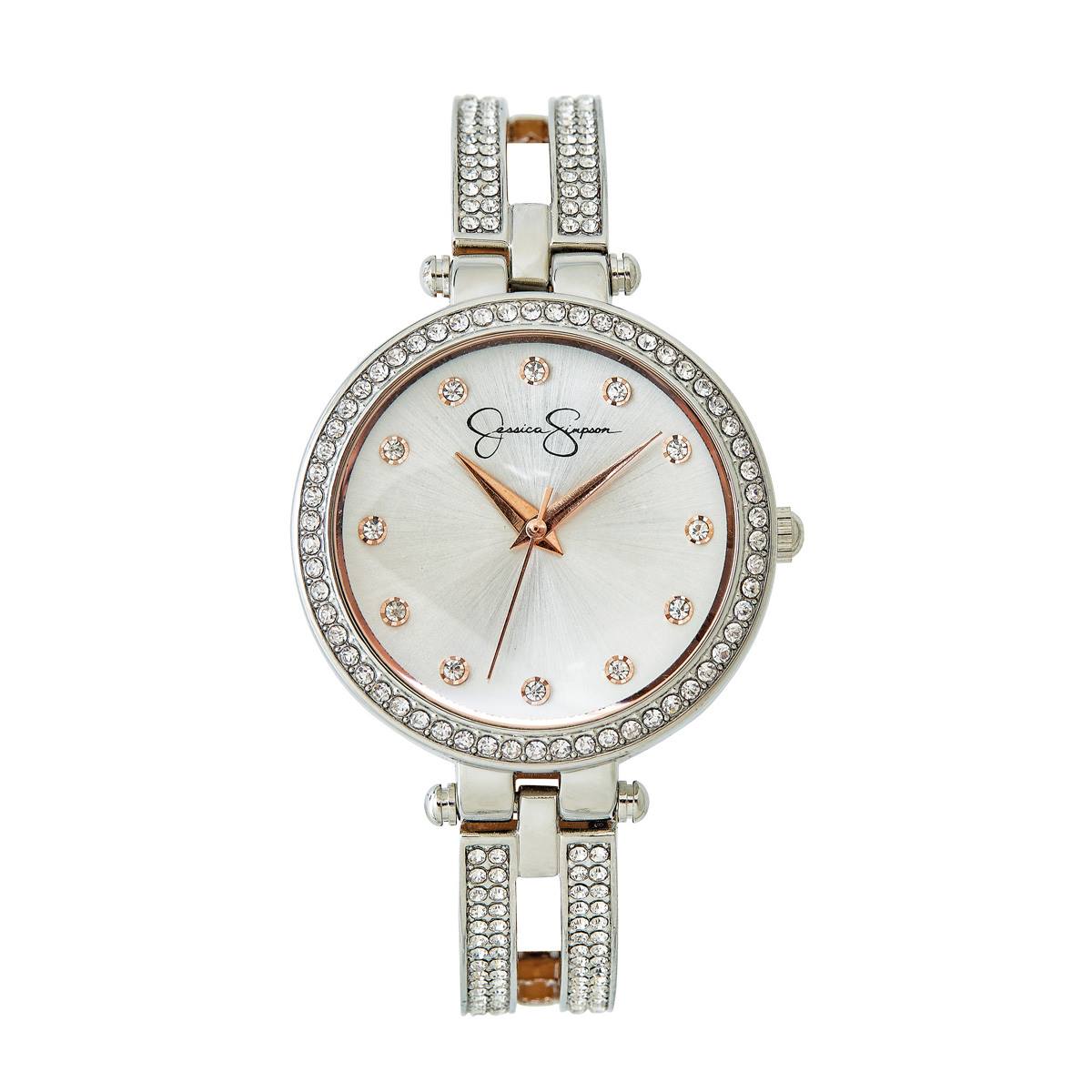 Womens Jessica Simpson Double-Arm Crystal Bangle Watch-JSB0036SL