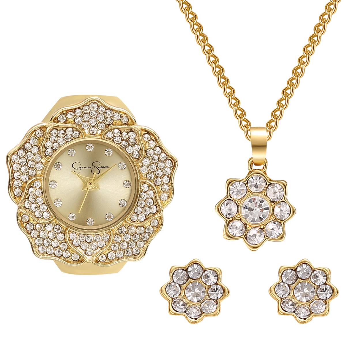 Womens Jessica Simpson Flower Ring Watch Set - JSR0002GD