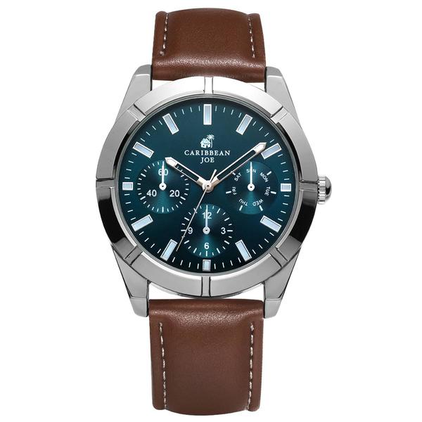 Mens Caribbean Joe Silver-Tone Bezel & Brown Strap Watch-CJ7153SL