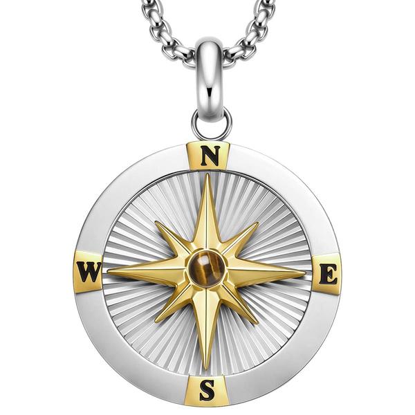 Mens Perry Ellis Yellow Tiger Eye Two-Tone Compass Pendant