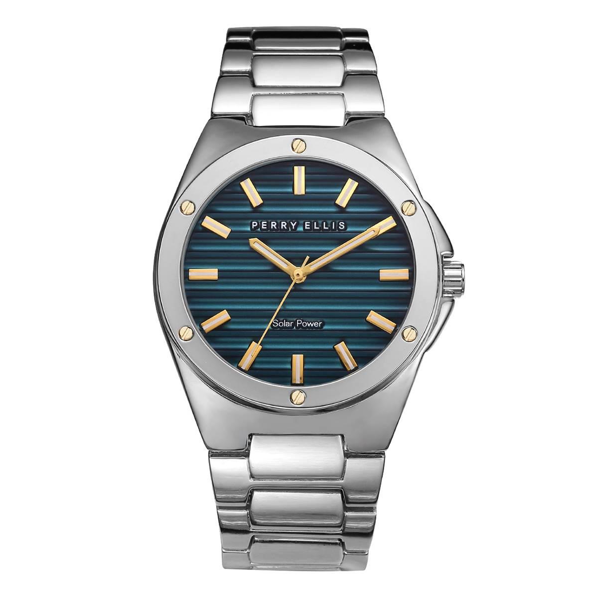 Mens Perry Ellis Solar Silver-Tone Embossed Watch - PES0004SL 50$