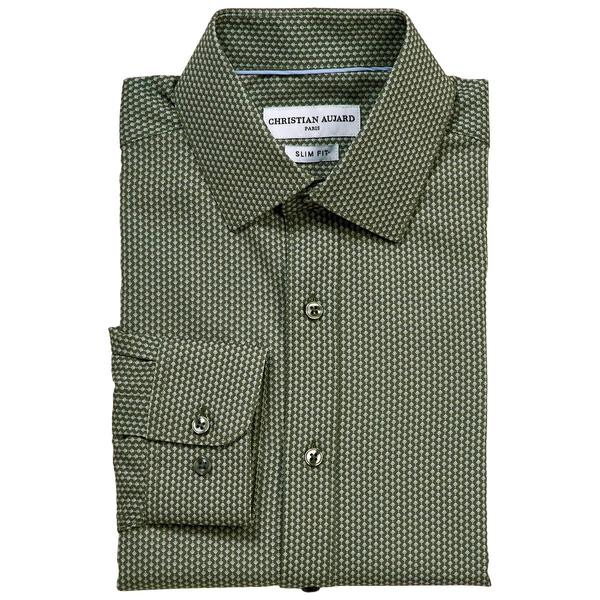Mens Christian Aujard Slim Fit Geometric Dress Shirt - Dark Olive